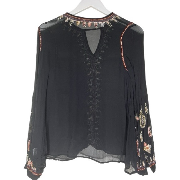 LOVE SAM ANTHROPOLOGIE Semi Sheer Paisley Boho V Cut Peasant Blouse Black Small - Picture 9 of 13